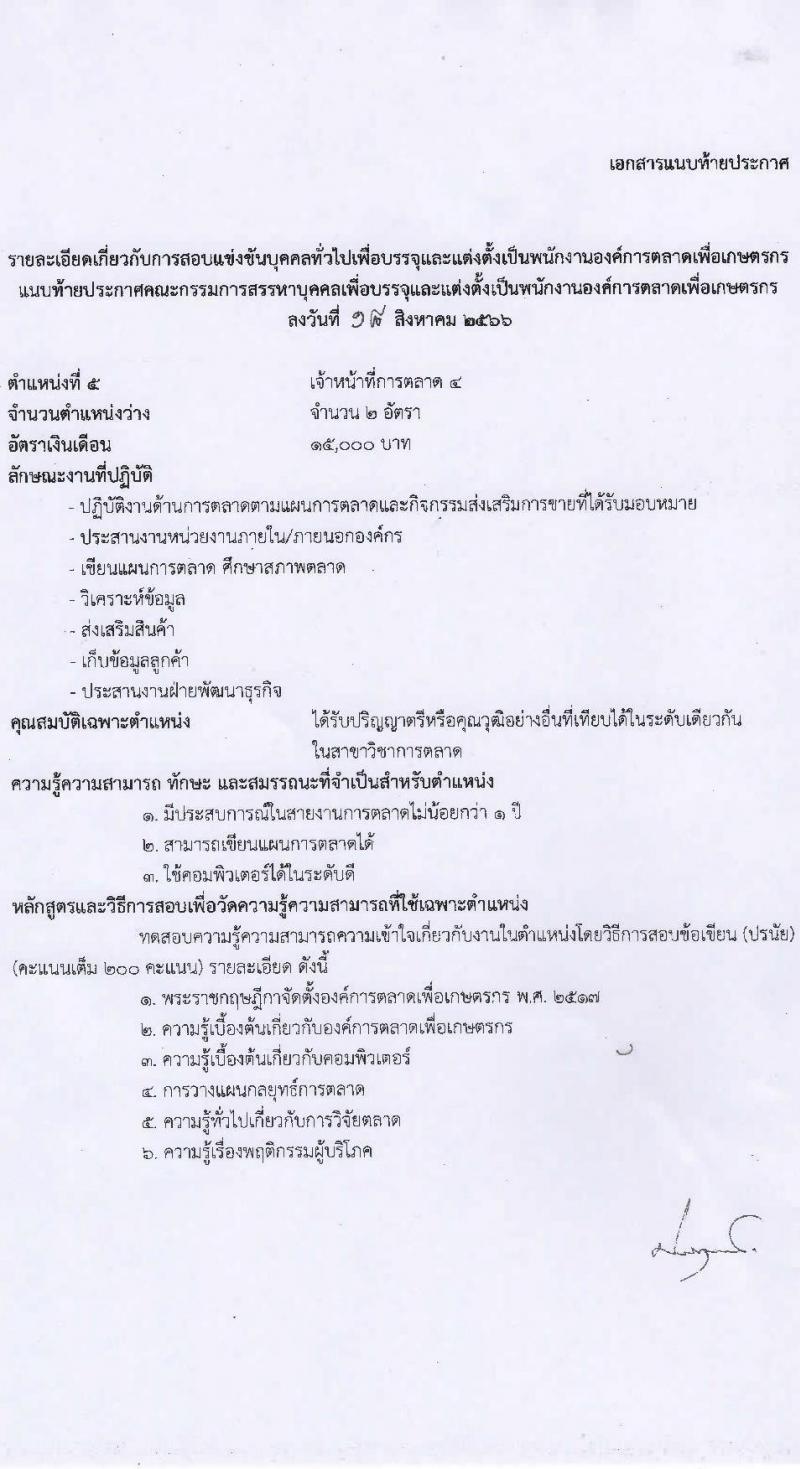 องค์การตลาดเพื่อเกษตรกร (อ.ต.ก.) รับสมัครสอบแข่งขันบุคคลทั่วไปเพื่อบรรจุและแต่งตั้งเป็นพนักงาน จำนวน 5 ตำแหน่ง 6 อัตรา (วุฒิ ป.ตรี) รับสมัครสอบตั้งแต่วันที่ 21 ส.ค. – 3 ก.ย. 2566