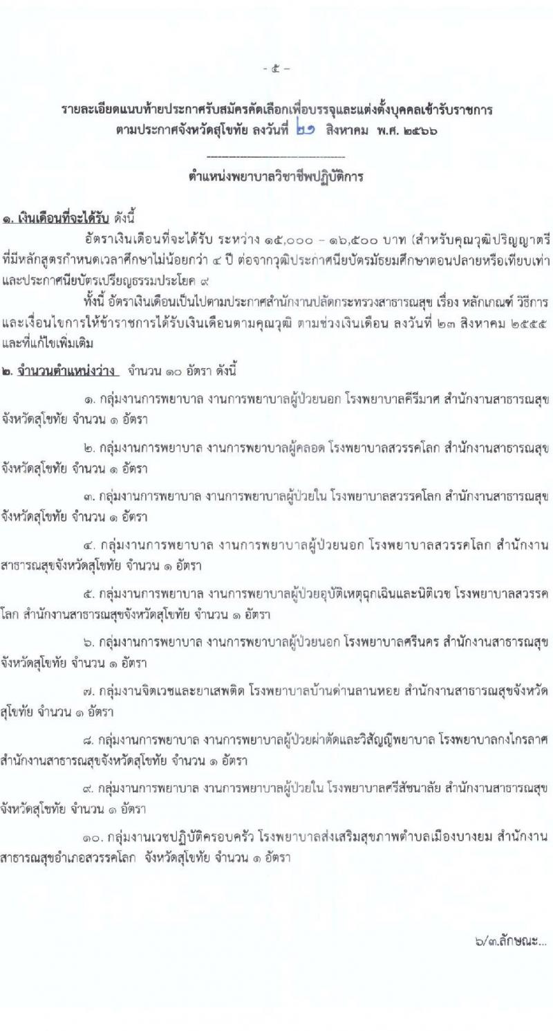 สาธารณสุขจังหวัดสุโขทัย รับสมัครบุคคลเพื่อบรรจุและแต่งตั้งบุคคลเข้ารับราชการ ตำแหน่งพยาบาลวิชาชีพปฏิบัติการ จำนวนครั้งแรก 10 อัตรา (วุฒิ ป.ตรีการพยาบาล) รับสมัครสอบตั้งแต่วันที่ 28 ส.ค. – 1 ก.ย. 2566