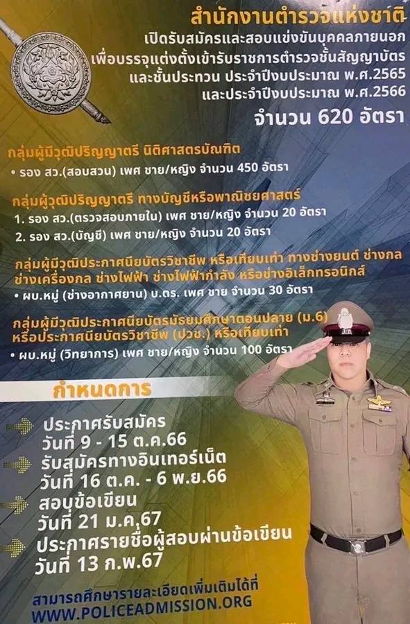 สำนักงานตำรวจแห่งชาติ เปิดรับสมัครและสอบแข่งขันบุคคลภายนอกเพื่อบรรจุแต่งตั้งเข้ารับราชการตำรวจชั้นสัญญาบัตรและชั้นประทวน ประจำปีงบประมาณ พ.ศ.2565 และประจำปีงบประมาณ พ.ศ.2566 จำนวน 4 กลุ่มงาน 620 อัตรา (วุฒิ ม.6 ปวช. ป.ตรี) รับสมัครสอบทางอินเทอร์เน็ตตั้งแต่วันที่ 16 ต.ค. - 6 พ.ย. 2566