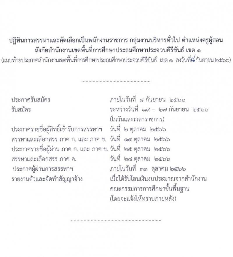 สำนักงานเขตพื้นที่การศึกษาประถมศึกษาประจวบคีรีขันธ์ เขต 1 รับสมัครเพื่อสรรหาและเลือกสรรเป็นพนักงานราชการทั่วไป ตำแหน่งครูผู้สอน จำนวน 6 เอกวิชา 12 อัตรา  (วุฒิ ป.ตรี) รับสมัครสอบตั้งแต่วันที่ 19-27 ก.ย. 2566