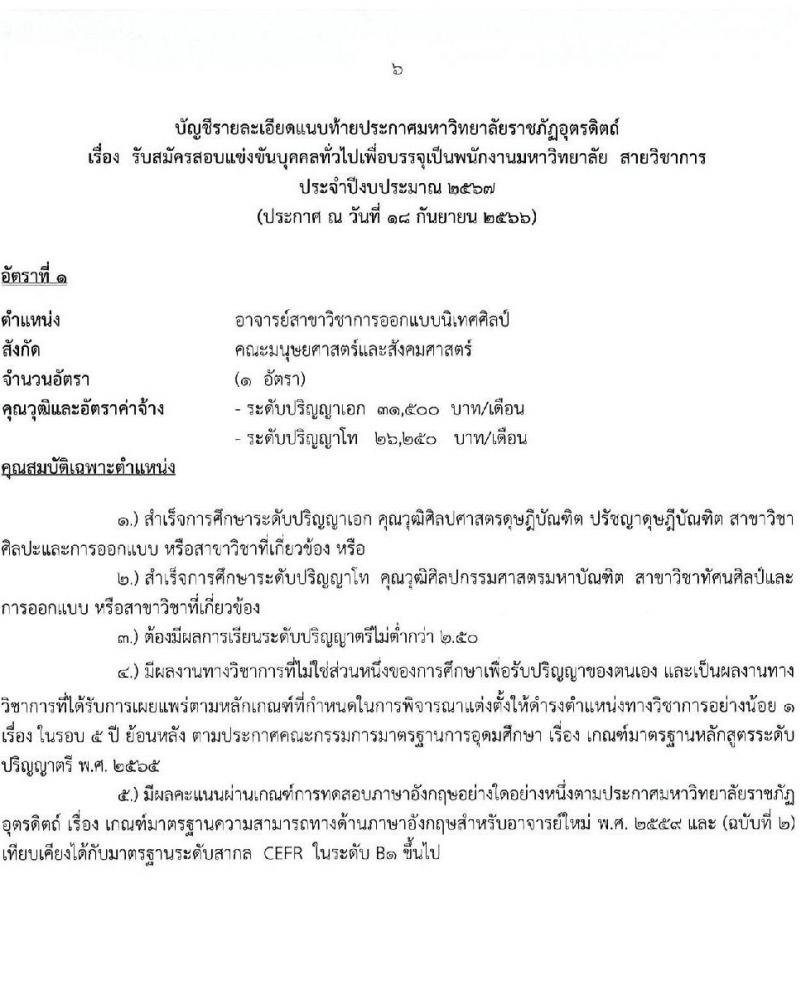 มหาวิทยาลัยราชภัฏอุตรดิตถ์ รับสมัครสอบแข่งขันบุคคลทั่วไปเป็นพนักงานมหาวิทยาลัย ปีงบประมาณ 2567 จำนวน 4 ตำแหน่ง 4 อัตรา (วุฒิ ป.โท ป.เอก) รับสมัครสอบด้วยตนเองและทางอีเมลตั้งแต่วันที่ 20-25 ก.ย. 2566