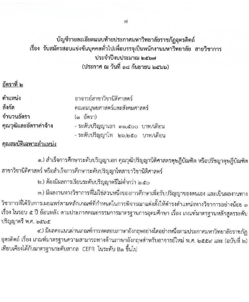 มหาวิทยาลัยราชภัฏอุตรดิตถ์ รับสมัครสอบแข่งขันบุคคลทั่วไปเป็นพนักงานมหาวิทยาลัย ปีงบประมาณ 2567 จำนวน 4 ตำแหน่ง 4 อัตรา (วุฒิ ป.โท ป.เอก) รับสมัครสอบด้วยตนเองและทางอีเมลตั้งแต่วันที่ 20-25 ก.ย. 2566