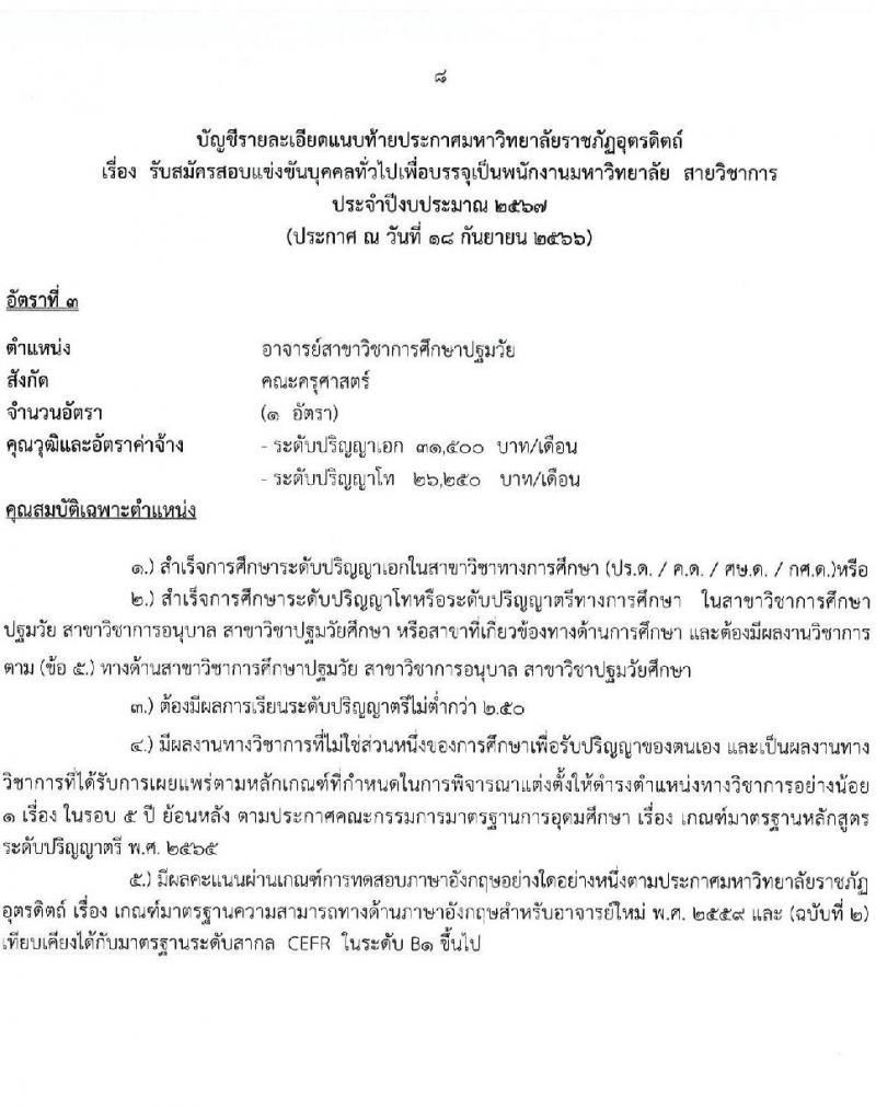 มหาวิทยาลัยราชภัฏอุตรดิตถ์ รับสมัครสอบแข่งขันบุคคลทั่วไปเป็นพนักงานมหาวิทยาลัย ปีงบประมาณ 2567 จำนวน 4 ตำแหน่ง 4 อัตรา (วุฒิ ป.โท ป.เอก) รับสมัครสอบด้วยตนเองและทางอีเมลตั้งแต่วันที่ 20-25 ก.ย. 2566