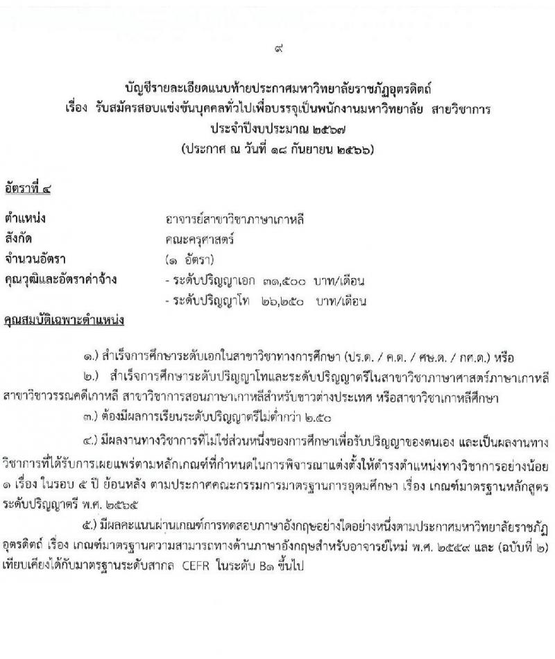 มหาวิทยาลัยราชภัฏอุตรดิตถ์ รับสมัครสอบแข่งขันบุคคลทั่วไปเป็นพนักงานมหาวิทยาลัย ปีงบประมาณ 2567 จำนวน 4 ตำแหน่ง 4 อัตรา (วุฒิ ป.โท ป.เอก) รับสมัครสอบด้วยตนเองและทางอีเมลตั้งแต่วันที่ 20-25 ก.ย. 2566
