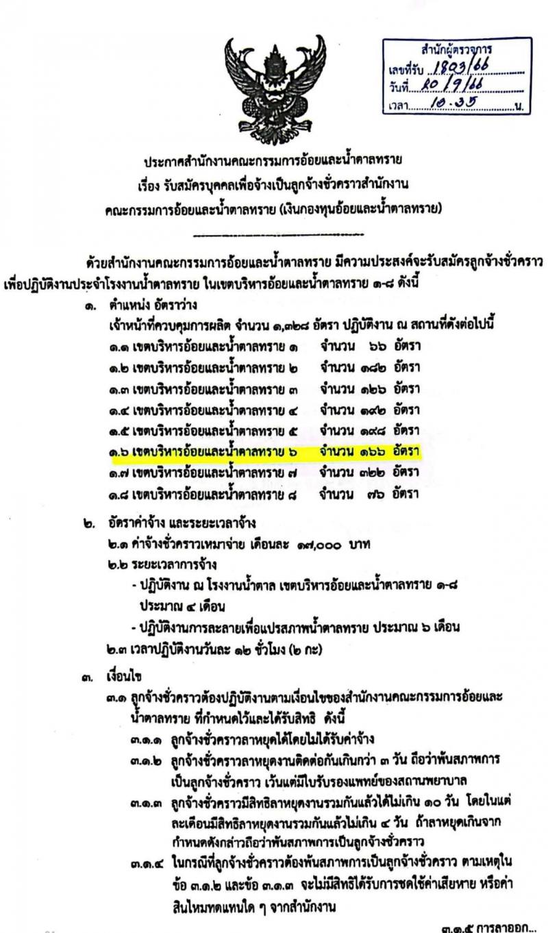 สำนักงานคณะกรรมการอ้อยและน้ำตาล รับสมัครบุคคลเพื่อจ้างเป็นลูกจ้างชั่วคราว ตำแหน่งเจ้าหน้าที่ควบคุมการผลิต จำนวน 1,328 อัตรา (วุฒิ ไม่ต่ำกว่า ม.6 หรือเทียบเท่า) รับสมัครสอบตั้งแต่วันที่ 2-16 ต.ค. 2566