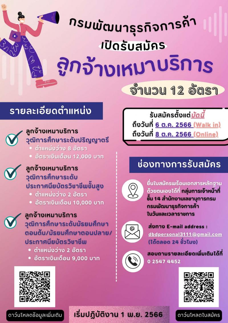 กรมพัฒนาธุรกิจการค้า เปิดรับสมัครลูกจ้างเหมาบริการ จำนวน 12 อัตรา (วุฒิ ม.ต้น ม.ปลาย ปวช. ปวส. ป.ตรี) รับสมัครทางอีเมลตั้งแต่วันที่ 2-8 ต.ค. 2566