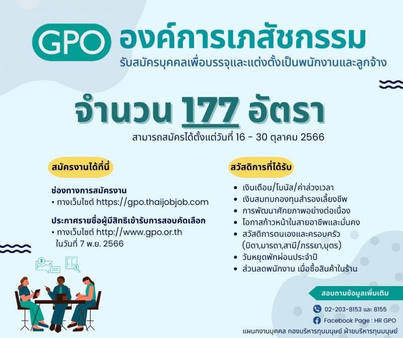 องค์การเภสัชกรรม รับสมัครบุคคลเพื่อบรรจุและแต่งตั้งเป็นพนักงานและลูกจ้าง จำนวน 177 อัตรา (วุฒิ ม.3 ม.6 ปวช. ปวส. ป.ตรี ป.โท ป.เอก) รับสมัครสอบทางอินเทอร์เน็ตตั้งแต่วันที่ 16-30 ต.ค. 2566