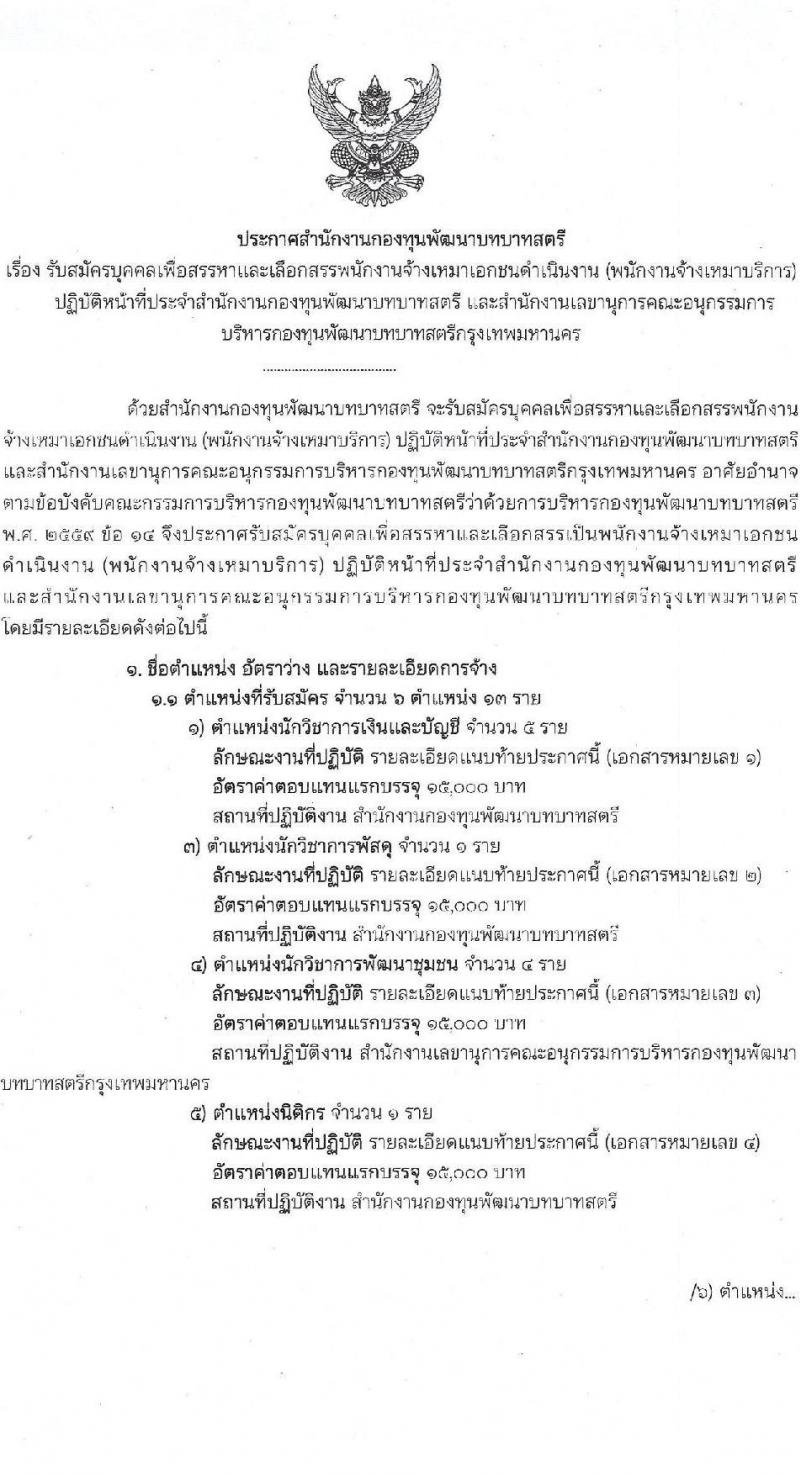 สำนักงานกองทุนพัฒนาบทบาทสตรี รับสมัครบุคคลเพื่อสรรหาและเลือกสรรเป็นพนักงานจ้างเหมาเอกชนดำเนินงาน จำนวน 6 ตำแหน่ง ครั้งแรก 13 อัตรา (พนักงานขับรถไม่ใช้วุฒิ และวุฒิ ป.ตรี) รับสมัครสอบตั้งแต่วันที่ 16-25 ต.ค. 2566