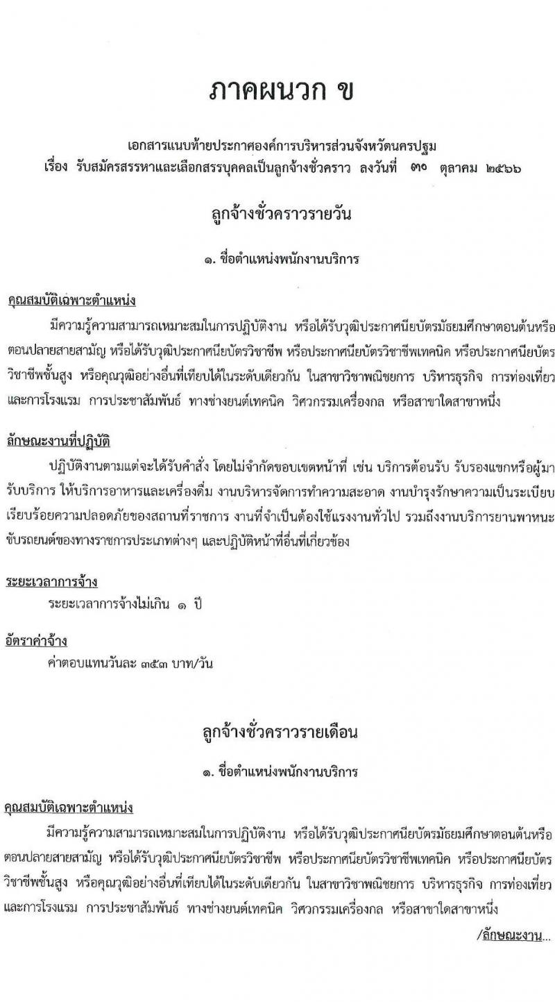 องค์การบริหารส่วนจังหวัดนครปฐม รับสมัครสรรหาและเลือกสรรบุคคลเป็นลูกจ้างชั่วคราว จำนวน 24 อัตรา (วุฒิ ปวช. ปวท. ปวส. ป.ตรี) รับสมัครสอบตั้งแต่วันที่ 8-16 พ.ย. 2566