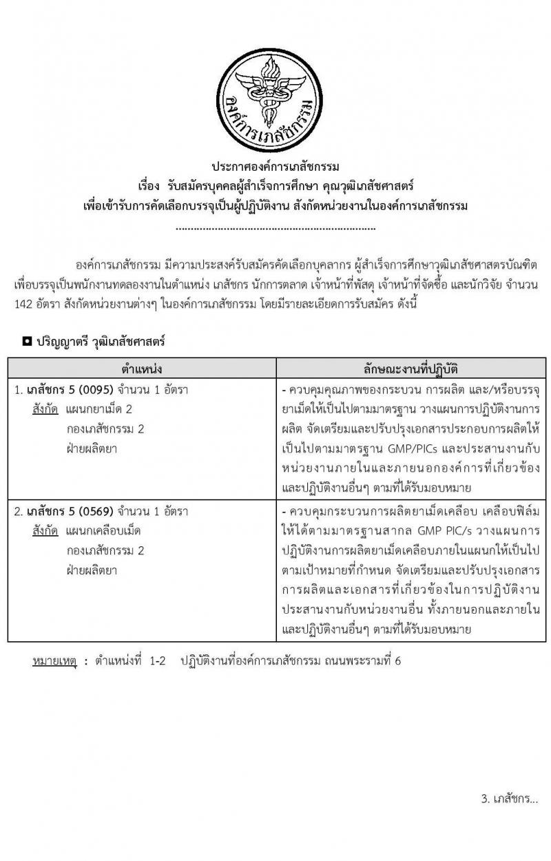 องค์การเภสัชกรรม รับสมัครบุคคลผู้สำเร็จการศึกษา คุณวุฒิเภสัชกรรมศาสตร์ เพื่อเข้ารับการคัดเลือกบรรจุเป็นผู้ปฏิบัติงาน จำนวน142 อัตรา (วุฒิ ป.ตรี ป.โท เภสัชกรรมศาสตร์) รับสมัครสอบทางอีเมลตั้งแต่วันที่ 1-15 พ.ย. 2566