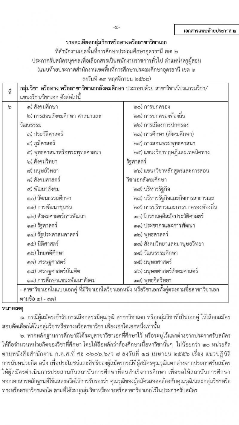 สำนักงานเขตพื้นที่ประถมศึกษาอุดรธานี เขต 2 รับสมัครบุคคลเพื่อเลือกสรรเป็นพนักงานราชการทั่วไป ตำแหน่งครูผู้สอน จำนวน 13 อัตรา (วุฒิ ป.ตรี) รับสมัครสอบตั้งแต่วันที่ 20-26 พ.ย. 2566