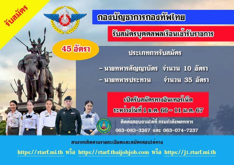 กองทัพไทย รับสมัครสอบคัดเลือกนายทหารสัญญาบัตรและนายทหารประทวน ประจำปีงบประมาณ พ.ศ.2567 จำนวน 45 อัตรา (วุฒิ ม.3 ม.6 ปวช. ปวส. ป.ตรี) รับสมัครสอบทางอินเทอร์เน็ตตั้งแต่วันที่ 1 ธ.ค. 2566 – 11 ม.ค. 2567