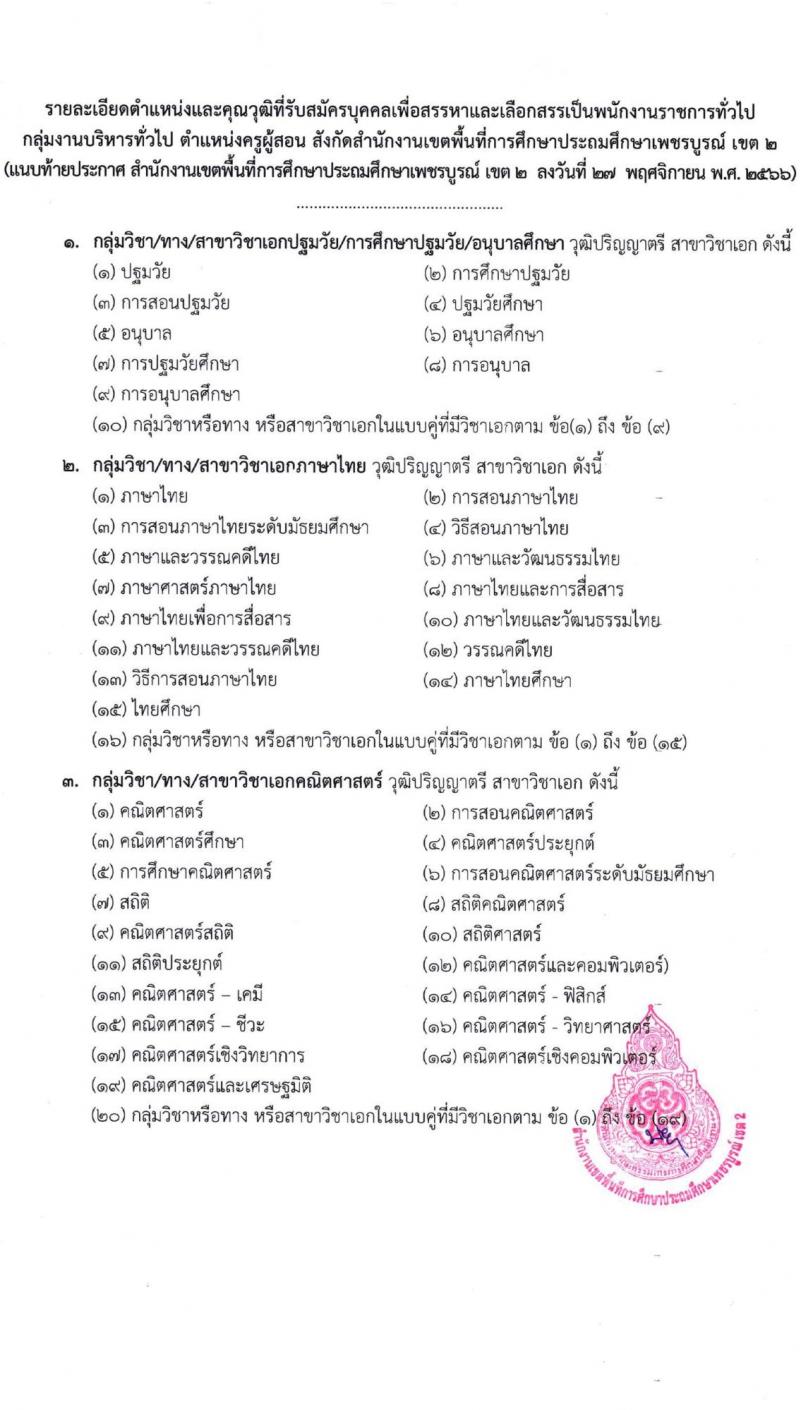 สำนักงานเขตพื้นที่การศึกษาประถมศึกษาเพชรบูรณ์ เขต 2 รับสมัครบุคคลเพื่อเลือกสรรเป็นพนักงานราชการทั่วไป จำนวน 2 ตำแหน่ง 14 อัตรา (วุฒิ ป.ตรี) รับสมัครสอบตั้งแต่วันที่ 4-12 ธ.ค. 2566