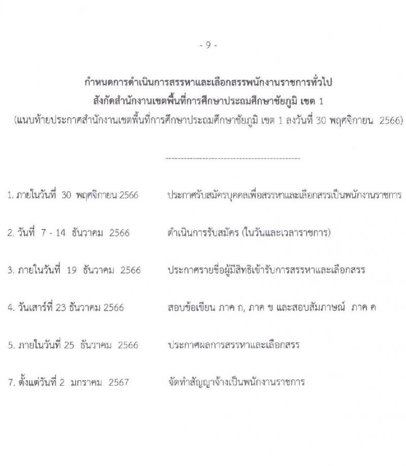 สำนักงานเขตพื้นที่การศึกษาประถมศึกษาชัยภูมิ เขต 1 รับสมัครสอบคัดเลือกบุคคลเพื่อสรรหาและเลือกสรรเป็นพนักงานราชการ จำนวน 2 ตำแหน่ง 6 อัตรา (วุฒิ ม.ต้น ปวช. ป.ตรี) รับสมัครสอบตั้งแต่วันที่ 7-14 ธ.ค. 2566
