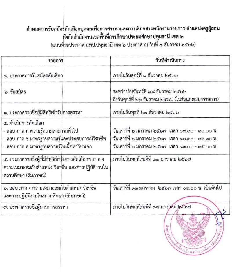 สำนักงานเขตพื้นที่การศึกษาประถมศึกษาปทุมธานี เขต 2 รับสมัครบุคคลเพื่อสรรหาและเลือกสรรเป็นพนักงานราชการทั่วไป ตำแหน่งครูผู้สอน จำนวน 4 อัตรา (วุฒิ ป.ตรี) รับสมัครสอบตั้งแต่วันที่ 18-22 ธ.ค. 2566 หน้าที่ 8