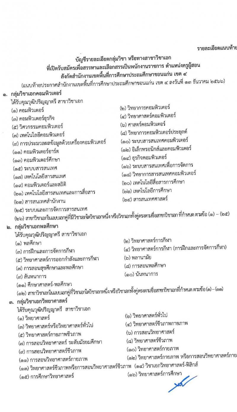สำนักงานเขตพื้นที่การศึกษาประถมศึกษาขอนแก่น เขต 4 รับสมัครบุคคลเพื่อเลือกสรรเป็นพนักงานราชการ ตำแหน่งครูผู้สอน จำนวน 12 ตำแหน่ง (วุฒิ ป.ตรี) รับสมัครสอบด้วยตนเอง ตั้งแต่วันที่ 20-26 ธ.ค. 2566 หน้าที่ 9