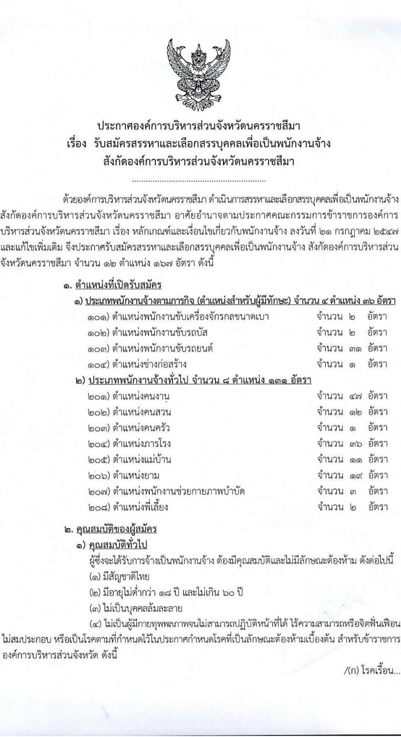 องค์การบริหารส่วนจังหวัดนครราชสีมา รับสมัครสรรหาและเลือกสรรบุคคลเพื่อจ้างเป็นพนักงานจ้าง จำนวน 12 ตำแหน่ง 167 อัตรา (ไม่ใช้วุฒิ มีความสามารถตามตำแหน่ง) รับสมัครสอบทางอินเทอร์เน็ต ตั้งแต่วันที่ 8-26 ม.ค. 2567 หน้าที่ 1