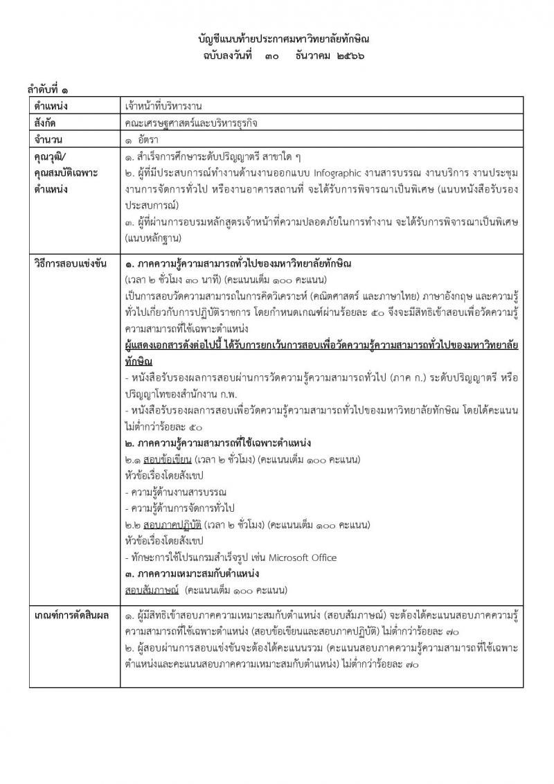 มหาวิทยาลัยทักษิณ รับสมัครคัดเลือกบุคคลเพื่อเป็นลูกจ้าง จำนวน 10 ตำแหน่ง ครั้งแรก 17 อัตรา (วุฒิ ป.ตรี) รับสมัครสอบทางอินเทอร์เน็ต ตั้งแต่วันที่ 30 ธ.ค. 2566 - 15 ม.ค. 2567 หน้าที่ 4