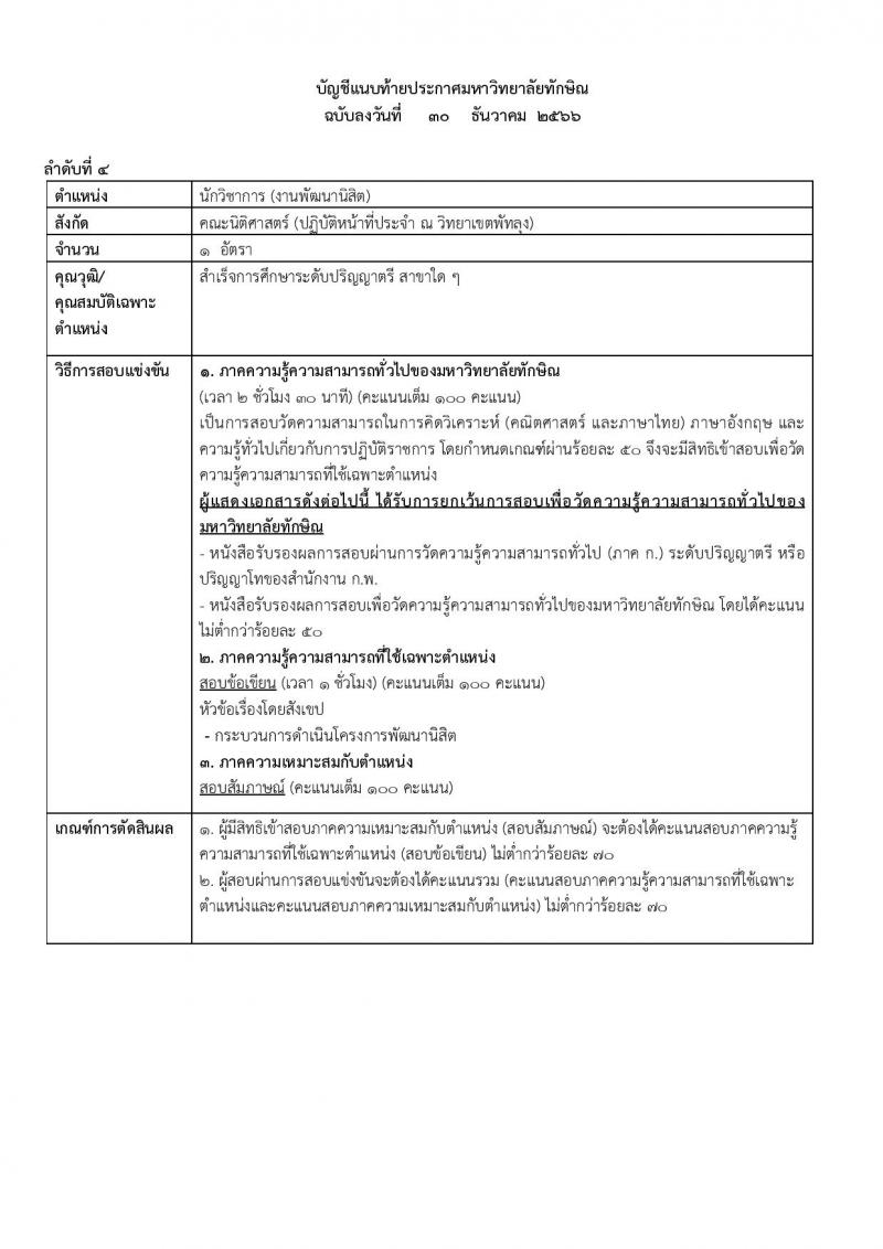 มหาวิทยาลัยทักษิณ รับสมัครคัดเลือกบุคคลเพื่อเป็นลูกจ้าง จำนวน 10 ตำแหน่ง ครั้งแรก 17 อัตรา (วุฒิ ป.ตรี) รับสมัครสอบทางอินเทอร์เน็ต ตั้งแต่วันที่ 30 ธ.ค. 2566 - 15 ม.ค. 2567 หน้าที่ 8