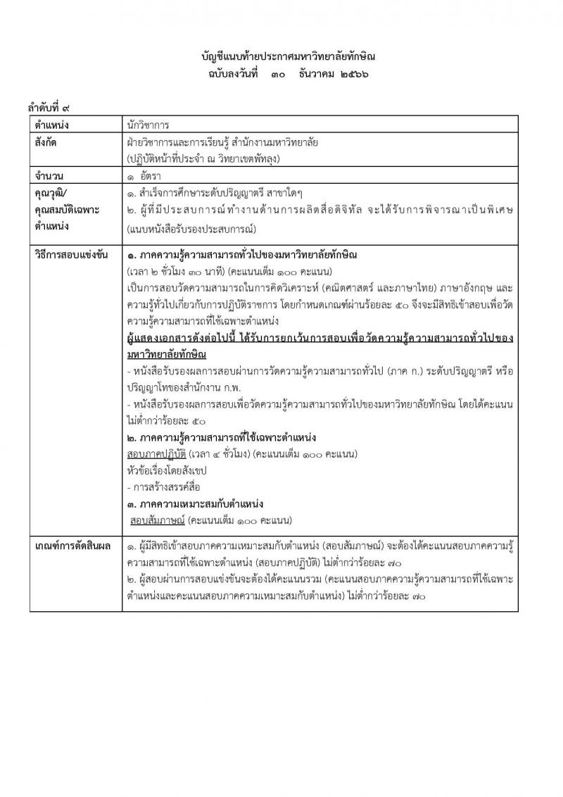 มหาวิทยาลัยทักษิณ รับสมัครคัดเลือกบุคคลเพื่อเป็นลูกจ้าง จำนวน 10 ตำแหน่ง ครั้งแรก 17 อัตรา (วุฒิ ป.ตรี) รับสมัครสอบทางอินเทอร์เน็ต ตั้งแต่วันที่ 30 ธ.ค. 2566 - 15 ม.ค. 2567 หน้าที่ 13
