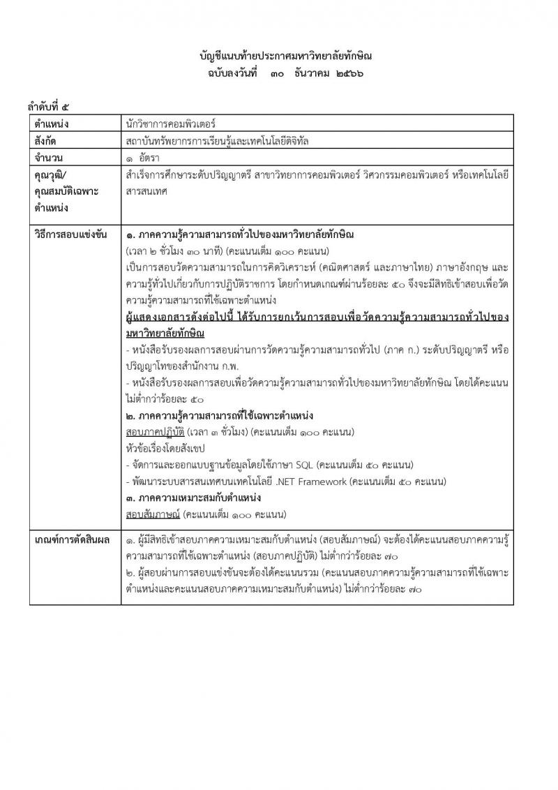 มหาวิทยาลัยทักษิณ รับสมัครคัดเลือกบุคคลเพื่อเป็นลูกจ้าง จำนวน 10 ตำแหน่ง ครั้งแรก 17 อัตรา (วุฒิ ป.ตรี) รับสมัครสอบทางอินเทอร์เน็ต ตั้งแต่วันที่ 30 ธ.ค. 2566 - 15 ม.ค. 2567 หน้าที่ 9