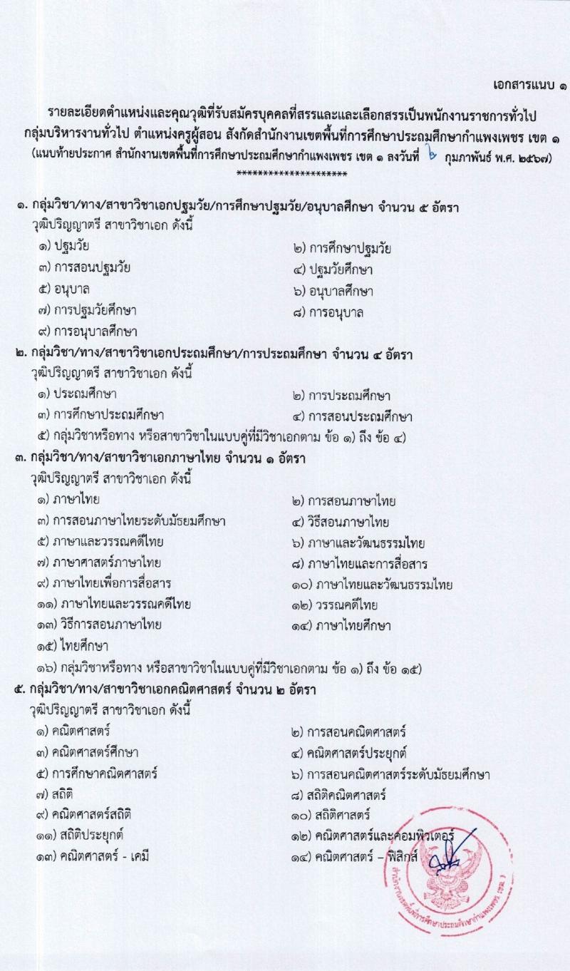 สำนักงานเขตพื้นที่การศึกษาประถมศึกษากำแพงเพชร เขต 1 รับสมัครสอบแข่งขันเพื่อบรรจุและแต่งตั้งบุคคลเข้ารับราชการ 15 อัตรา (วุฒิ ป.ตรี) รับสมัครสอบด้วยตนเอง ตั้งแต่วันที่ 7-13 ก.พ. 2567 หน้าที่ 8
