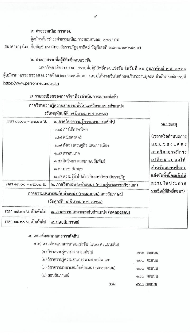 มหาวิทยาลัยราชภัฏอุตรดิตถ์ รับสมัครบุคคลเพื่อบรรจุและแต่งตั้งเป็นพนักงาน 4 อัตรา (วุฒิ ป.โท ป.เอก) รับสมัครสอบด้วยตนเอง ตั้งแต่วันที่ 12-23 ก.พ. 2567 หน้าที่ 4