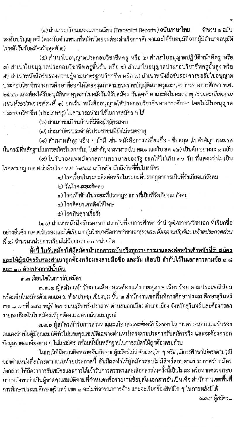 สำนักงานเขตพื้นที่การศึกษาประถมศึกษาสุรินทร์ เขต 1 รับสมัครบุคคลเพื่อเลือกสรรเป็นพนักงานราชการ 21 อัตรา (วุฒิ ป.ตรี) รับสมัครสอบด้วยตนเอง ตั้งแต่วันที่ 20-29 ก.พ. 2567 หน้าที่ 4