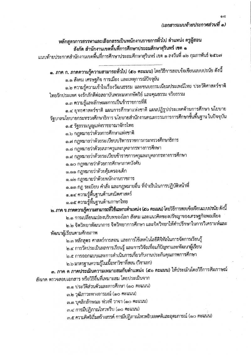 สำนักงานเขตพื้นที่การศึกษาประถมศึกษาสุรินทร์ เขต 1 รับสมัครบุคคลเพื่อเลือกสรรเป็นพนักงานราชการ 21 อัตรา (วุฒิ ป.ตรี) รับสมัครสอบด้วยตนเอง ตั้งแต่วันที่ 20-29 ก.พ. 2567 หน้าที่ 18