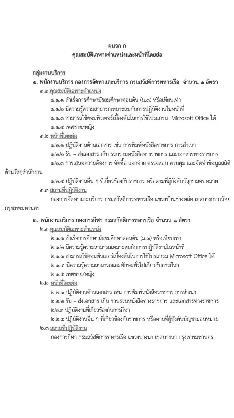 กรมสวัสดิการทหารเรือ รับสมัครบุคคลเพื่อเลือกสรรเป็นพนักงานราชการ 4 ตำแหน่ง 9 อัตรา (วุฒิ ม.3 ปวช.) รับสมัครสอบด้วยตนเอง ตั้งแต่วันที่ 11-15 มี.ค. 2567 หน้าที่ 5