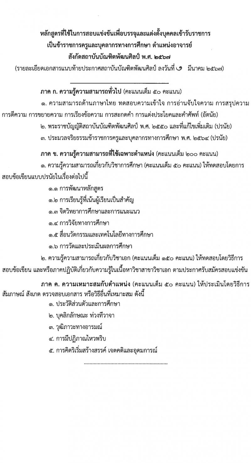 สถาบันบัณฑิตพัฒนศิลป์ รับสมัครสอบแข่งขันเพื่อบรรจุและแต่งตั้งบุคคลเข้ารับราชการ ตำแหน่งอาจารย์ 17 สาขาวิชา ครั้งแรก 29 อัตรา (วุฒิ ป.โท) รับสมัครสอบทางอินเทอร์เน็ต ตั้งแต่วันที่ 8-17 มี.ค. 2567 หน้าที่ 10