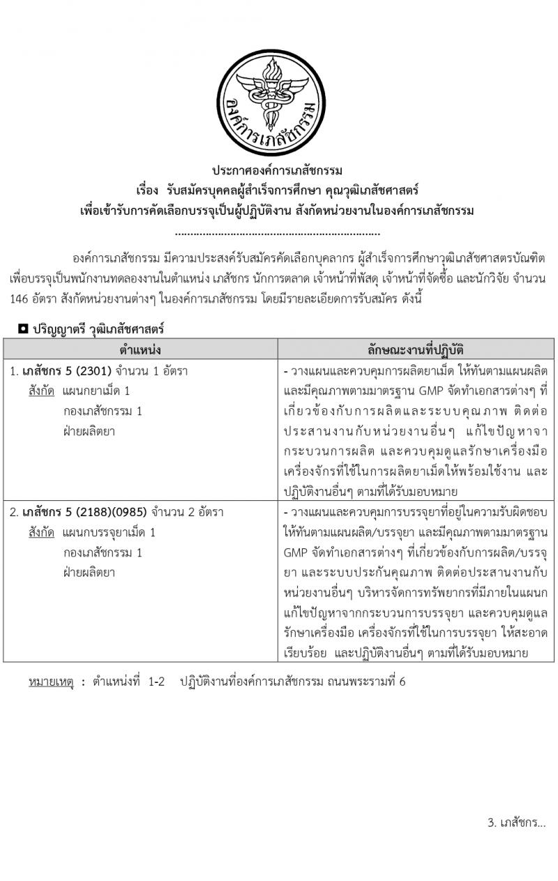 องค์การเภสัชกรรม รับสมัครบุคคลเพื่อบรรจุและแต่งตั้งเป็นพนักงาน 2 ตำแหน่ง 146 อัตรา (วุฒิ ป.ตรี ป.โท) รับสมัครสอบทางอีเมล ตั้งแต่วันที่ 15-29 มี.ค. 2567 หน้าที่ 1