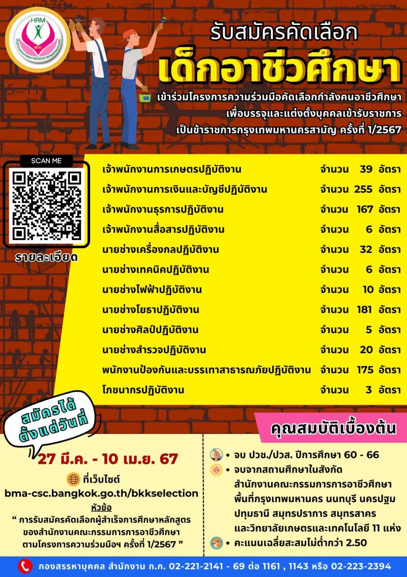 สำนักงานคณะกรรมการข้าราชการกรุงเทพมหานคร รับสมัครสอบแข่งขันเพื่อบรรจุและแต่งตั้งบุคคลเข้ารับราชการ 12 ตำแหน่ง 899 อัตรา (วุฒิ ปวช. ปวส.) รับสมัครสอบทางอินเทอร์เน็ต ตั้งแต่วันที่ 27 มี.ค. - 10 เม.ย. 2567 หน้าที่ 1