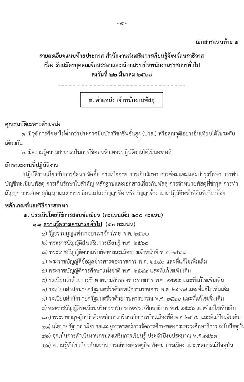 สำนักงานส่งเสริมการเรียนรู้จังหวัดนราธิวาส รับสมัครบุคคลเพื่อเลือกสรรเป็นพนักงานราชการ 5 อัตรา (วุฒิ ป.ตรี) รับสมัครสอบด้วยตนเอง ตั้งแต่วันที่ 1-5 เม.ย. 2567 หน้าที่ 10
