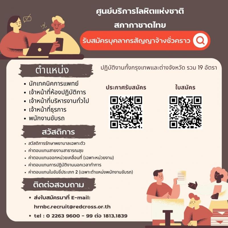 ศูนย์บริการโลหิตแห่งชาติ สภากาชาดไทย รับสมัครบุคคลเพื่อบรรจุและแต่งตั้งเป็นพนักงานจ้างชั่วคราว 5 ตำแหน่ง 19 อัตรา (วุฒิ ม.3 ม.6 ปวช. ปวส. ป.ตรี) รับสมัครสอบทางอีเมล ตั้งแต่วันที่ บัดนี้ ถึงวันที่ 31 มีนาคม 2567