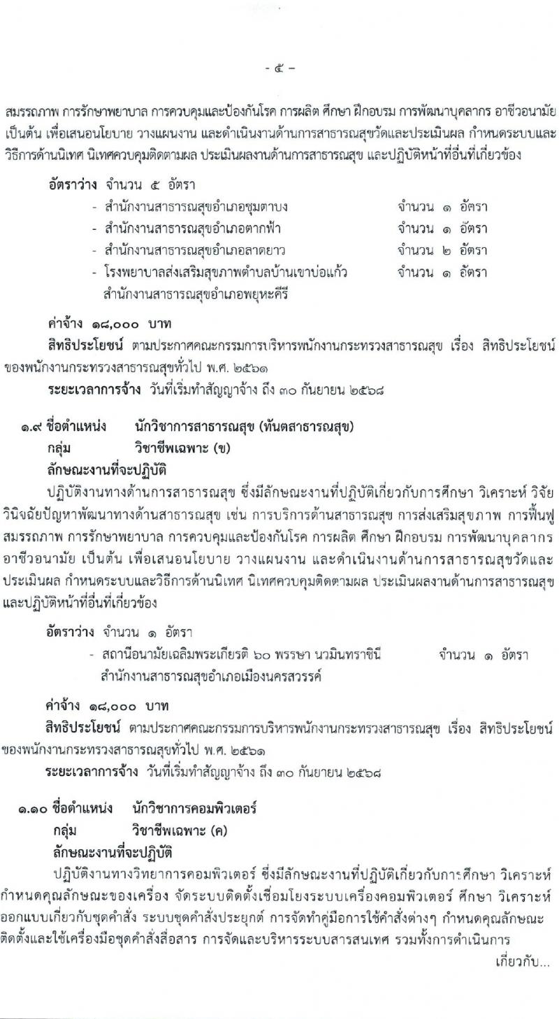 สำนักงานสาธารณสุขจังหวัดนครสวรรค์ รับสมัครบุคคลเพื่อเลือกสรรเป็นพนักงานกระทรวงสาธารณสุขทั่วไป 27 ตำแหน่ง 61 อัตรา (วุฒิ ม.ต้น ม.ปลาย ปวช. ปวส. ป.ตรี) รับสมัครสอบทางอินเทอร์เน็ต ตั้งแต่วันที่ 1-5 เม.ย. 2567 หน้าที่ 5