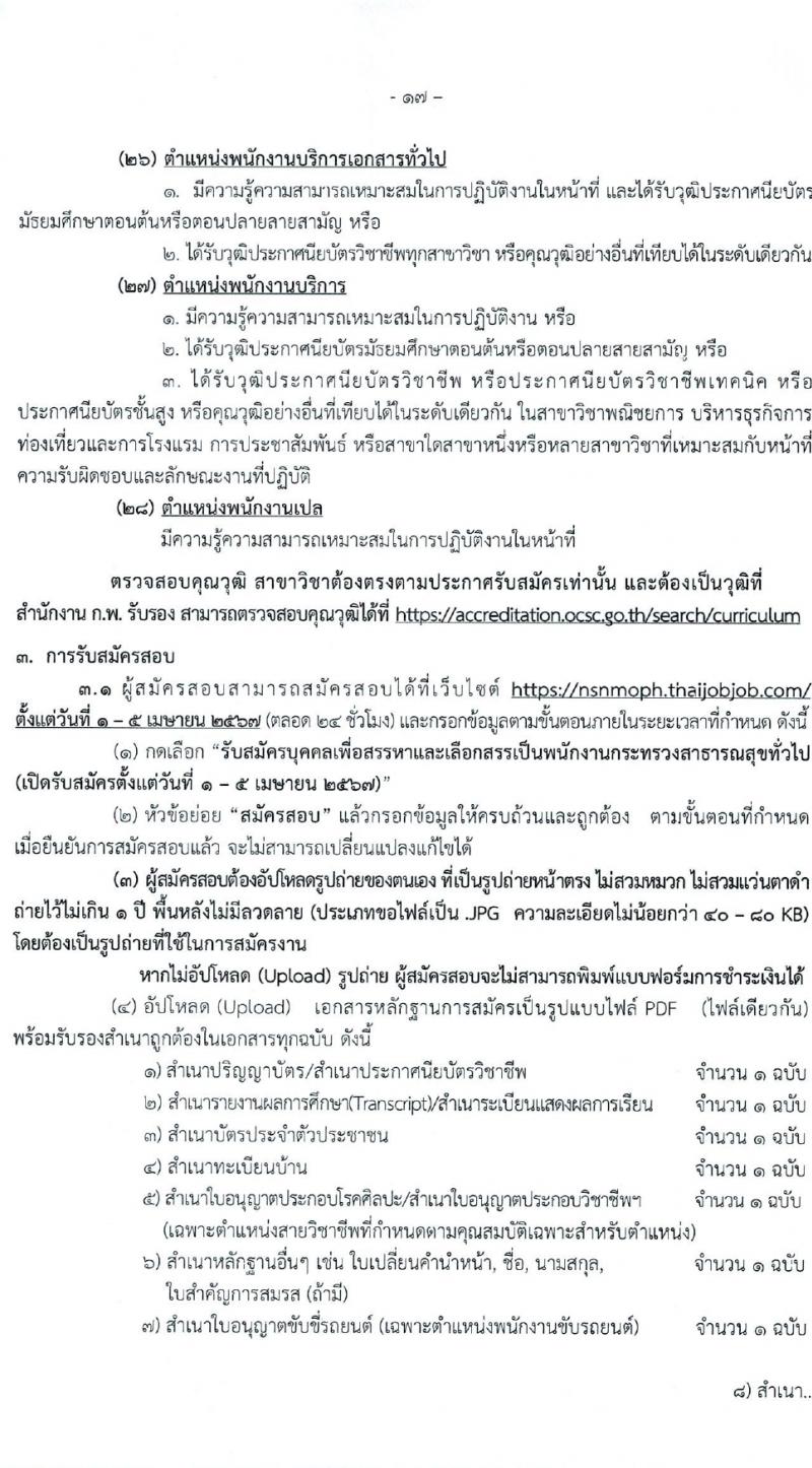 สำนักงานสาธารณสุขจังหวัดนครสวรรค์ รับสมัครบุคคลเพื่อเลือกสรรเป็นพนักงานกระทรวงสาธารณสุขทั่วไป 27 ตำแหน่ง 61 อัตรา (วุฒิ ม.ต้น ม.ปลาย ปวช. ปวส. ป.ตรี) รับสมัครสอบทางอินเทอร์เน็ต ตั้งแต่วันที่ 1-5 เม.ย. 2567 หน้าที่ 17
