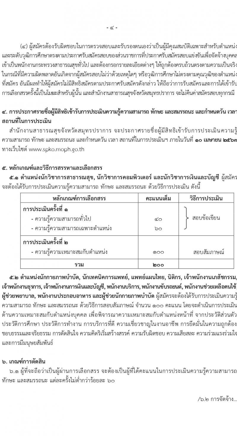 สำนักงานสาธารณสุขสมุทรปราการ รับสมัครบุคคลเพื่อเลือกสรรเป็นพนักงานกระทรวงสาธารณสุขทั่วไป 16 ตำแหน่ง 58 อัตรา (วุฒิ ม.ต้น ม.ปลาย ปวช. ปวส. ป.ตรี) รับสมัครสอบทางอินเทอร์เน็ต ตั้งแต่วันที่ 1-5 เม.ย. 2567 หน้าที่ 4