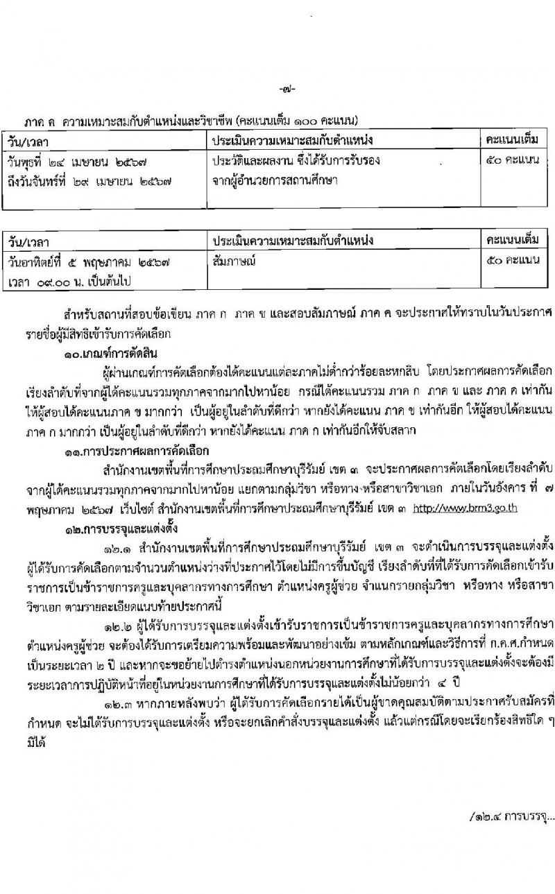 อ.ก.ค.ศ.เขตพื้นที่การศึกษาประถมศึกษาบุรีรัมย์ เขต 3 รับสมัครสอบแข่งขันเพื่อบรรจุและแต่งตั้งบุคคลเข้ารับราชการ ตำแหน่งครูผู้ช่วย 10 กลุ่มวิชา 26 อัตรา (วุฒิ ป.ตรี) รับสมัครสอบด้วยตนเอง ตั้งแต่วันที่ 5-11 เม.ย. 2567 หน้าที่ 7