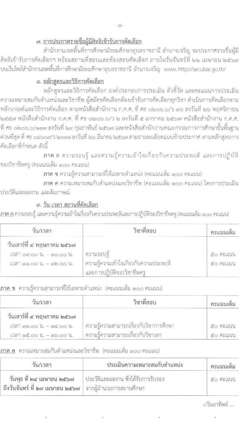 อ.ก.ค.ศ.เขตพื้นที่การศึกษามัธยมศึกษาอุบลราชธานี อำนาจเจริญ รับสมัครสอบแข่งขันเพื่อบรรจุและแต่งตั้งบุคคลเข้ารับราชการ 12 สาขาวิชา 23 อัตรา (วุฒิ ป.ตรี) รับสมัครสอบด้วยตนเอง ตั้งแต่วันที่ 5-11 เม.ย. 2567 หน้าที่ 7