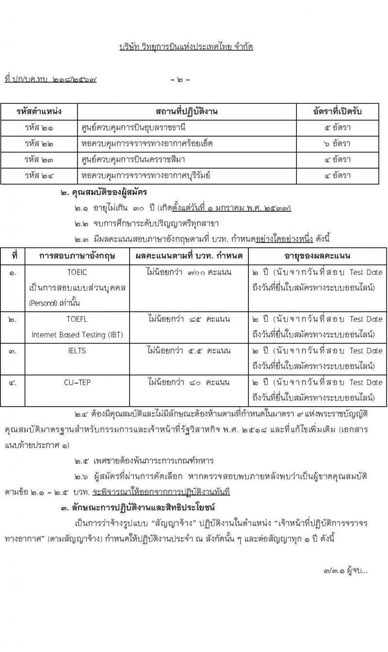 บริษัท วิทยุการบินแห่งประเทศไทย จำกัด รับสมัครบุคคลเพื่อบรรจุและแต่งตั้งเป็นพนักงาน 113 อัตรา (วุฒิ ป.ตรี ทุกสาขา) รับสมัครสอบทางอินเทอร์เน็ต ตั้งแต่วันที่ 5 มี.ค. - 15 เม.ย. 2567 หน้าที่ 2