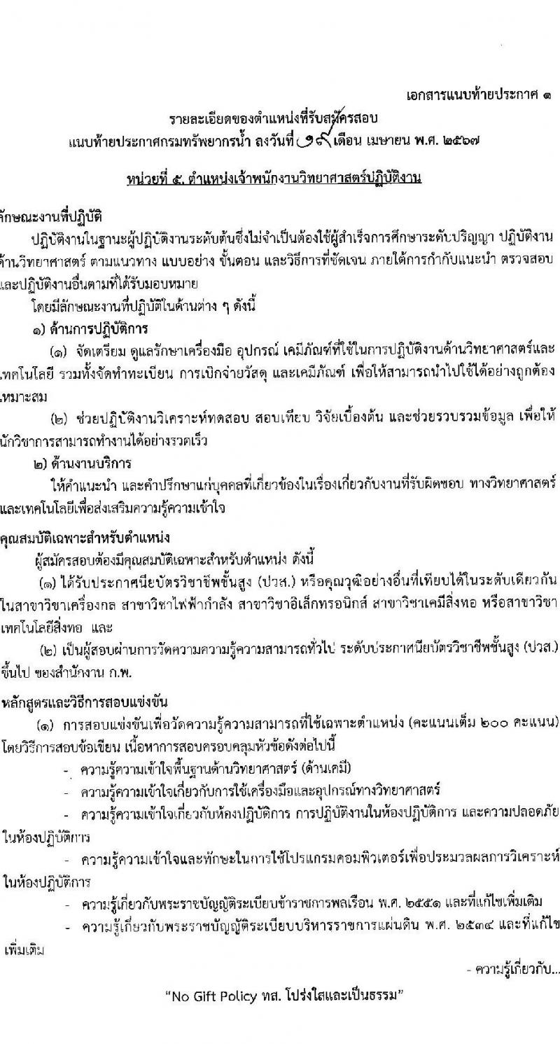 กรมทรัพยากรน้ำ รับสมัครสอบแข่งขันเพื่อบรรจุและแต่งตั้งบุคคลเข้ารับราชการ 9 ตำแหน่ง ครั้งแรก 68 อัตรา (วุฒิ ปวส.หรือเทียบเท่า ป.ตรี) รับสมัครสอบทางอินเทอร์เน็ต ตั้งแต่วันที่ 30 เม.ย. - 23 พ.ค. 2567 หน้าที่ 17