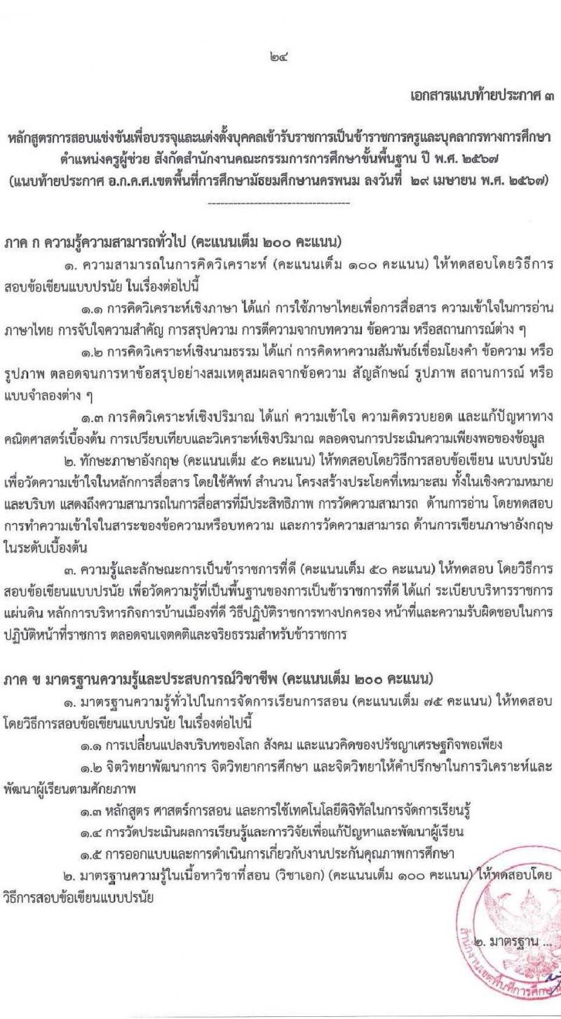 อ.ก.ค.ศ.เขตพื้นที่การศึกษามัธยมศึกษานครพนม รับสมัครสอบแข่งขันเพื่อบรรจุและแต่งตั้งบุคคลเข้ารับราชการ ตำแหน่ง ครูผู้ช่วย 8 กลุ่มวิชา 13 อัตรา (วุฒิ ป.ตรี) รับสมัครสอบทางอินเทอร์เน็ต ตั้งแต่วันที่ 8-14 พ.ค. 2567 หน้าที่ 24