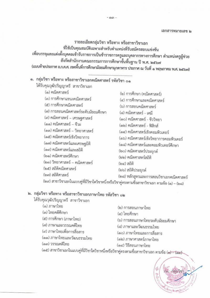 อ.ก.ค.ศ.เขตพื้นที่การศึกษามัธยมศึกษามุกดาหาร รับสมัครสอบแข่งขันเพื่อบรรจุและแต่งตั้งบุคคลเข้ารับราชการ ตำแหน่งครูผู้ช่วย 14 สาขาวิชา 32 อัตรา (วุฒิ ป.ตรี) รับสมัครสอบทางอินเทอร์เน็ต ตั้งแต่วันที่ 8-14 พ.ค. 2567 หน้าที่ 13