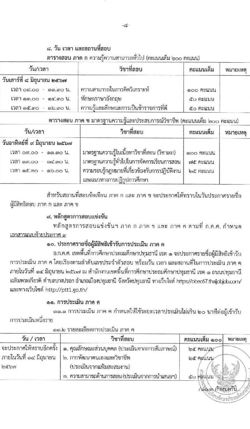 อ.ก.ค.ศ.เขตพื้นที่การศึกษาปทุมธานี เขต 1 รับสมัครสอบแข่งขันเพื่อบรรจุและแต่งตั้งบุคคลเข้ารับราชการ ตำแหน่งครูผู้ช่วย 31 สาขาวิชา 99 อัตรา (วุฒิ ป.ตรี) รับสมัครสอบทางอินเทอร์เน็ต ตั้งแต่วันที่ 8-14 พ.ค. 2567 หน้าที่ 8