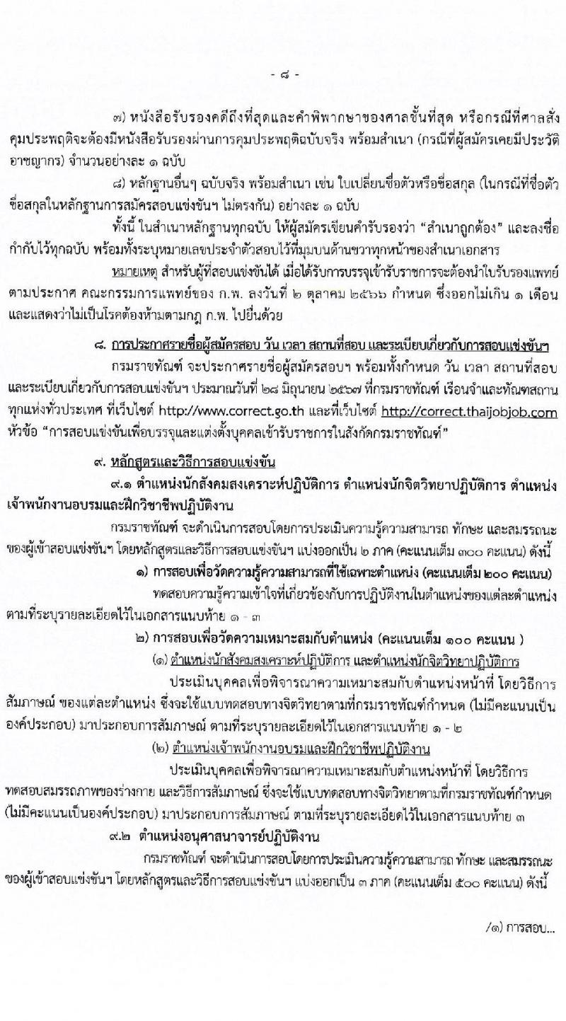 กรมราชทัณฑ์ รับสมัครสอบแข่งขันเพื่อบรรจุและแต่งตั้งบุคคลเข้ารับราชการ 4 ตำแหน่ง ครั้งแรก 102 อัตรา (วุฒิ ปวส.หรือเทียบเท่า ป.ตรี เปรียญธรรม 6 ประโยคขึ้นไป) รับสมัครสอบทางอินเทอร์เน็ต ตั้งแต่วันที่ 27 พ.ค. - 18 มิ.ย. 2567 หน้าที่ 9