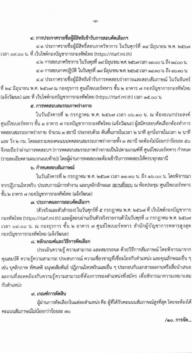 ศูนย์ไซเบอร์ทหาร กองบัญชาการกองทัพไทย รับสมัครบุคคลเพื่อเลือกสรรเป็นพนักงานราชการ จำนวน 2 ตำแหน่ง 6 อัตรา (วุฒิ ม.3 ม.6 ปวช. ปวส.) รับสมัครสอบด้วยตนเอง ตั้งแต่วันที่ 4-11 มิ.ย. 2567 หน้าที่ 3