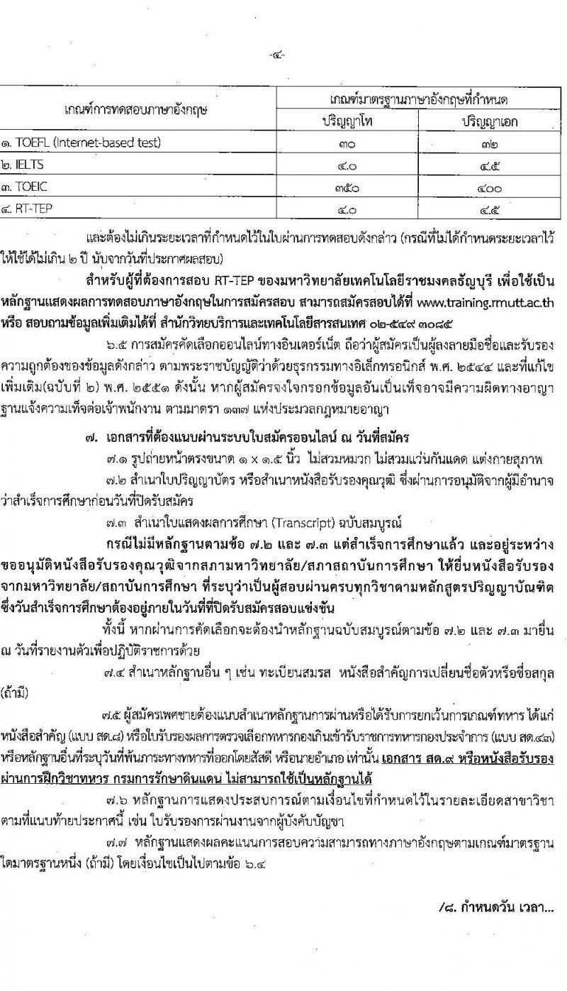 มหาวิทยาลัยเทคโนโลยีราชมงคลธัญบุรี รับสมัครบุคคลเพื่อบรรจุและแต่งตั้งเป็นพนักงาน ครั้งที่ 1/2567 ครั้งแรก 38 อัตรา (วุฒิ ป.โท ป.เอก) รับสมัครสอบทางอินเทอร์เน็ต ตั้งแต่วันที่ 14-24  มิ.ย. 2567 หน้าที่ 4