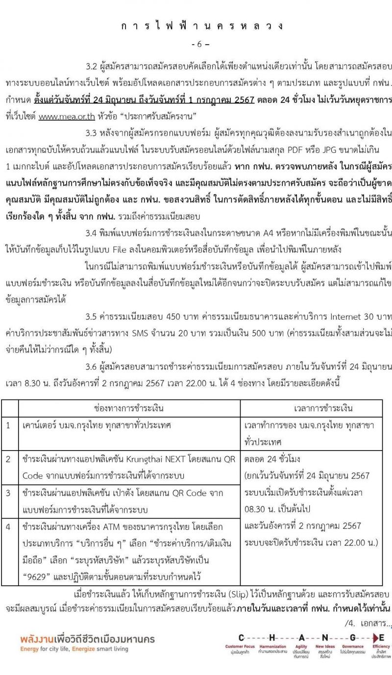 การไฟฟ้านครหลวง รับสมัครบุคคลเพื่อบรรจุและแต่งตั้งเป็นพนักงาน 86 อัตรา (วุฒิ ปวส. ป.ตรี ป.โท) รับสมัครสอบทางอินเทอร์เน็ต ตั้งแต่วันที่ 24 มิ.ย. - 1 ก.ค. 2567 หน้าที่ 6