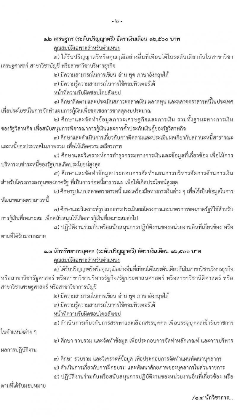 สำนักงานบริหารหนี้สาธารณะ รับสมัครคัดเลือกบุคคลเพื่อเป็นลูกจ้างชั่วคราว ประจำปีงบประมาณ พ.ศ. 257 (ครั้งที่ 2) จำนวน 4 ตำแหน่ง ครั้งแรก 19 อัตรา (วุฒิ ป.ตรี ป.โท) รับสมัครสอบทางอินเทอร์เน็ต ตั้งแต่วันที่ 15 ก.ค. - 14 ส.ค. 2567 หน้าที่ 2